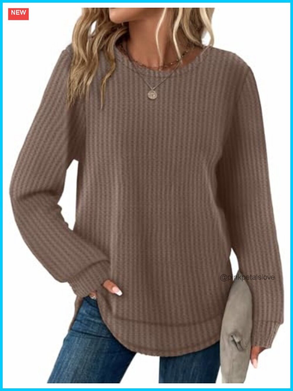 Waffle Knit Tunic Top Long Sleeve Curved Hem Crewneck Loose Fit
